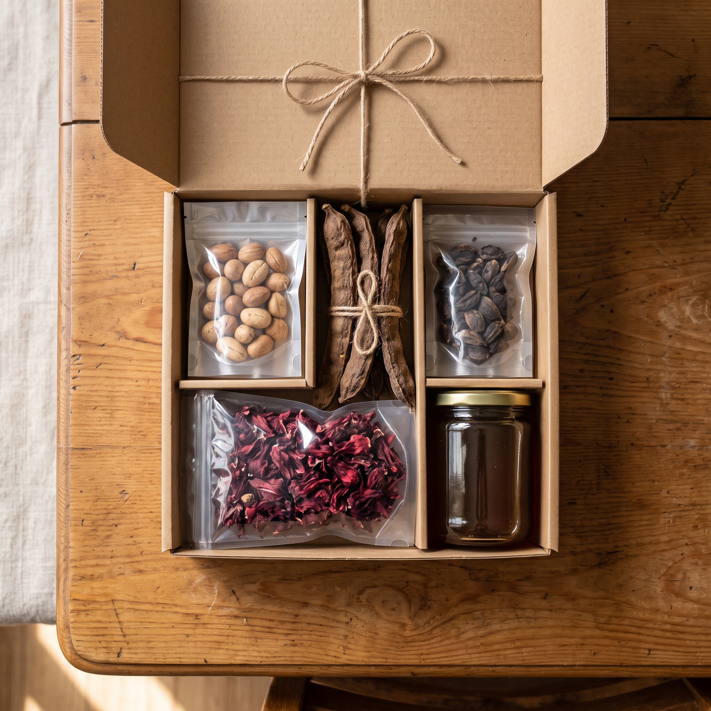 The Elders' Box open on a wooden table containing bitter kola, prekese, uda, dried hibiscus and a jar of raw honey