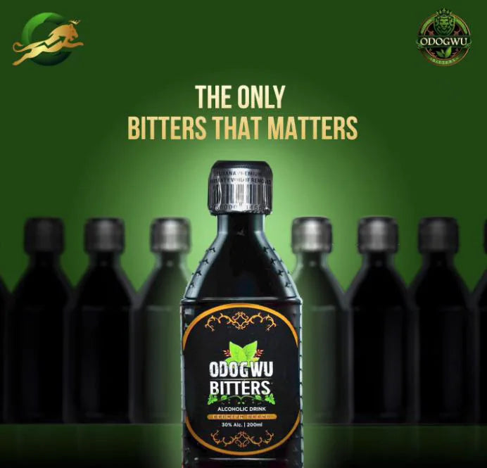 Odogwu Bitters bottle with 'The Only Bitters That Matters' text on a green background