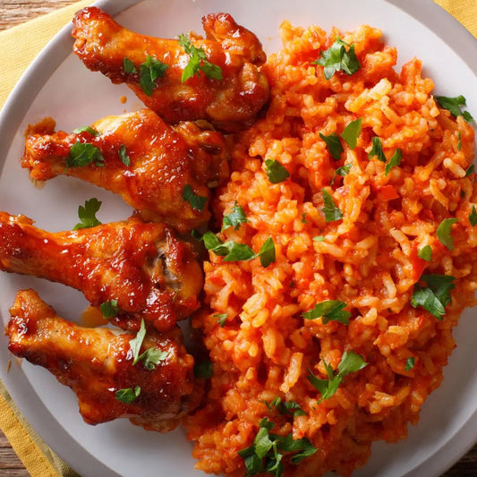 Nigerian Jollof rice with chicken laps