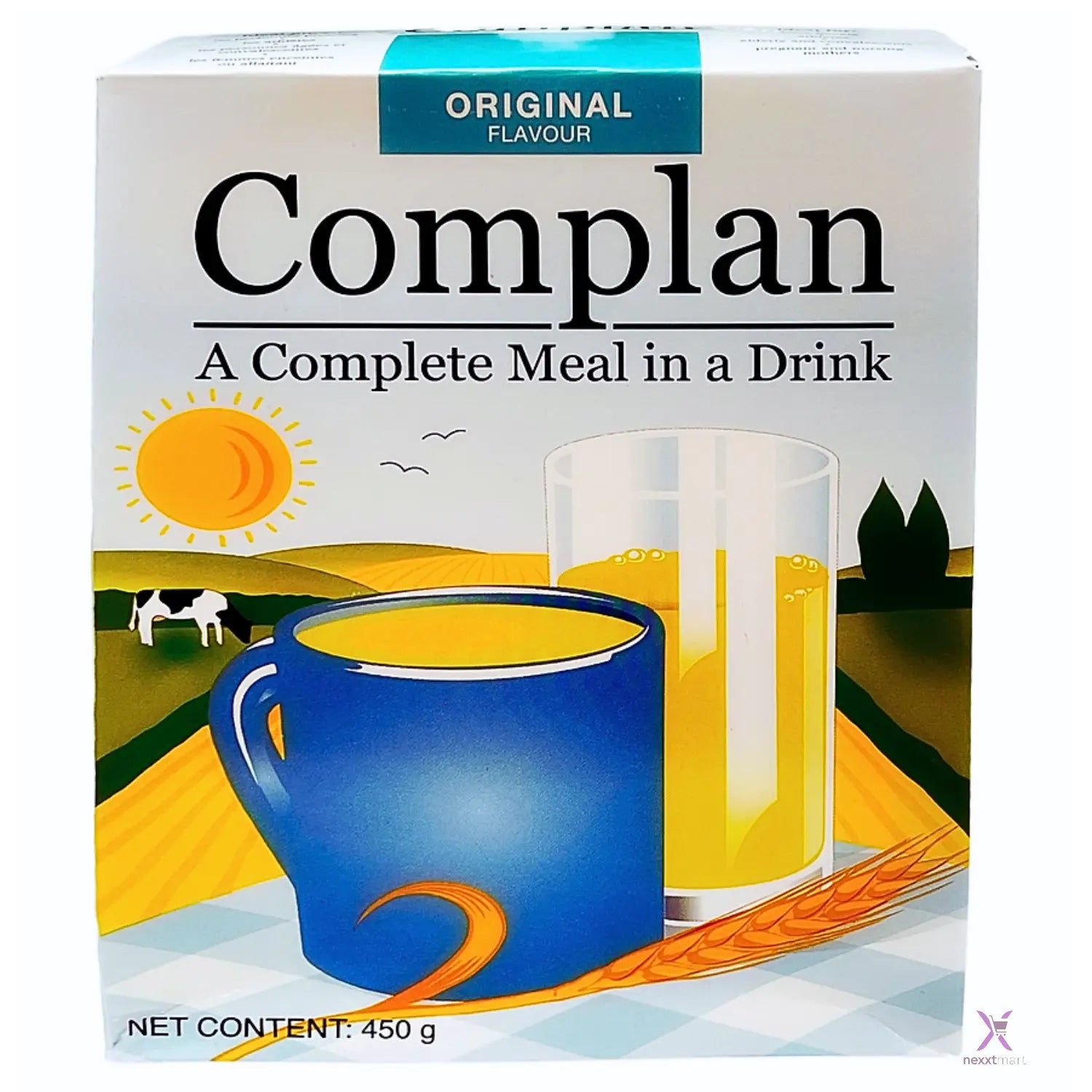 Complan packaging with a blue cup and glass of yellow liquid on a checkered tablecloth.