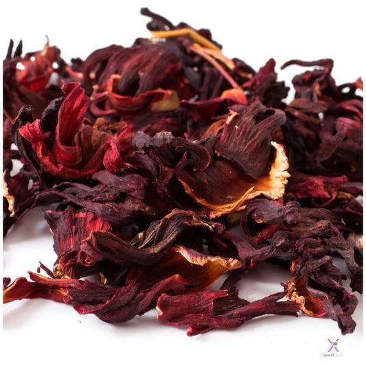 Dried hibiscus flowers on a white background