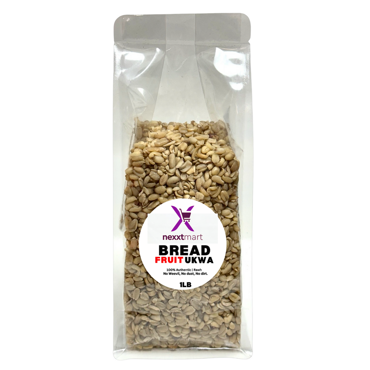 A clear plastic stand-up pouch containing flatbread seeds, with a white circular label reading 'nexxtmart BREAD FRUITUKWA' on a plain white background.