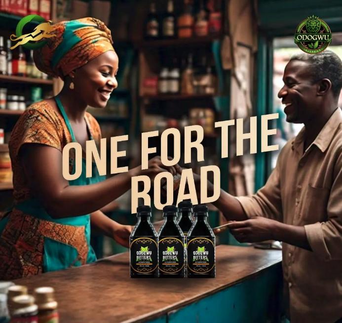 Two people at a bar with bottles of Odogwu Njuta, text 'One for the Road' displayed.
